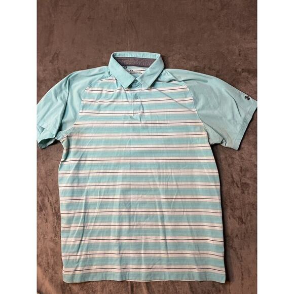 UNDER ARMOUR Loose Heatgear L Large Short‎ Sleeve Polo Golf Shirt Green Striped - Picture 1 of 6